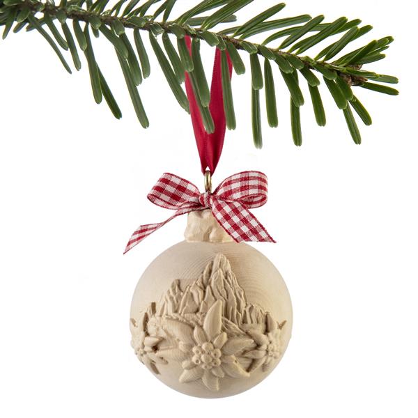 Weihnachtskugel mit Edelweiß Zirbelholz – Baumschmuck, Natur, 7 cm