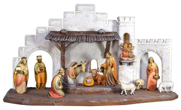 Stall braun-weiß mit Rudolf Krippenfiguren 13 tlg.