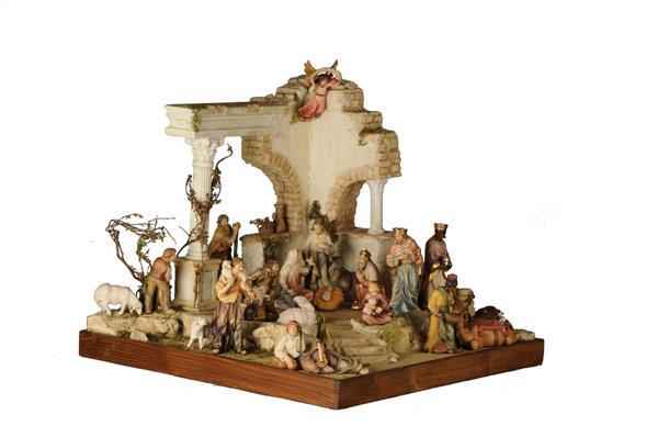 Ruinenkrippe orientalisch mit 21 Figuren aus Holz Ruinenkrippe orientalisch mit 21 Figuren aus Holz