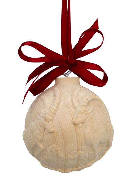 Zirbelkugel mit Steinböcken und Langkofel Zirbelkugel mit Steinböcken und Langkofel