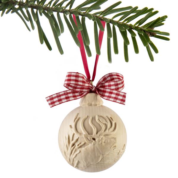 Weihnachtskugel mit Hirsch Zirbelholz – Baumschmuck, Natur, 7 cm